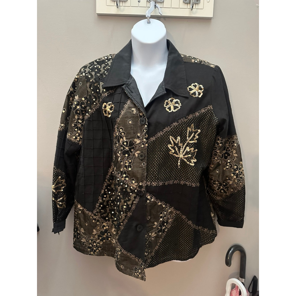 Black and Gold Sequin Embellished Patchwork Indigo Moon Vtg Womens Jacket Floral